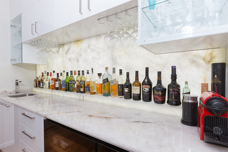 Close-up View - 20mm Lumix Quartzite Bar and Splashback with Back Lighting with Pencil Round Edge